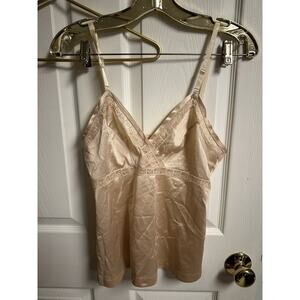 2 VNT Beige SLIP TOP CAMISOLE SILKY NYLON LACE LINGERIE Formfit 70s Med 34 Bust